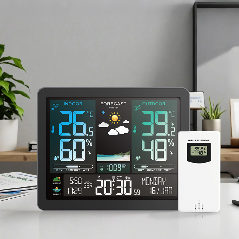 Manufacturer Indoor Outdoor Sensor Digital max min record Household Thermometer Hygrometer with Time Date Alarm Clock